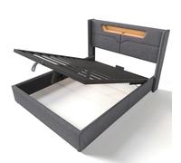 Structure de lit innovante avec sommier à lattes métalliques, grande capacité de rangement dissimulé, port USB et type C, bande LED multicolore contrôlée à distance (Gris Sans matela,140x200cm)