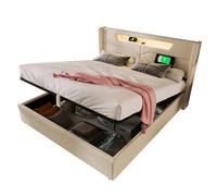 Structure de lit innovante avec sommier à lattes métalliques, grande capacité de rangement dissimulé, port USB et type C, bande LED multicolore contrôlée à distance (Beige Avce matela,140x200cm)