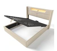 Structure de lit innovante avec sommier à lattes métalliques, grande capacité de rangement dissimulé, port USB et type C, bande LED multicolore contrôlée à distance (Beige Sans matela,140x200cm)