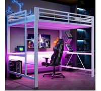 Structure de lit mezzanine gamers 140 x 200 cm - Avec éclairage LED, station de recharge USB et bureau - Blanc - Structure en métal