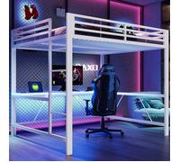 Structure de lit mezzanine gamers 160 x 200 cm - Avec éclairage LED, station de recharge USB et bureau - Blanc - Structure en métal
