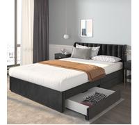 Structure de lit Nouveau épaissi design moderne 140 x 200 cm velours lit rembourré avec cadre à lattes dossier 2 tiroirs noir