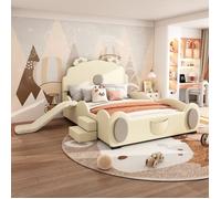 Structure de lit Nouveau Premium sense 140 * 200cm lit de dessin animé, lit bébé, lit d'ours avec toboggan et échelle, matériel pu,