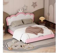 Structure de lit Nouveau Premium sense 140 * 200cm lit d'enfant avec base à lattes et dossier, lit fille en forme de couronne, rose