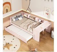 Structure de lit Nouveau Premium sense 90 * 200cm, lit plat, avec lit tiroir, avec Bureau, trois étagères à côté du lit, rose