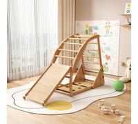 Structure d'escalade multifonctionnelle 8-en-1 en bois, Transformations de formes polyvalentes, avec toboggan, module d'escalade, bateau à bascule et tente, 140x58x142 cm, Couleur naturelle