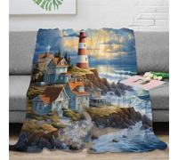 Strunt Seaside Town Couvertures Et Plaids Phare Paysage Marin Imprimé Doux en Molleton en Peluche Couverture Bureau Pause Couverture Famille Canapé Lit Couverture 40x50inch(100x130cm)