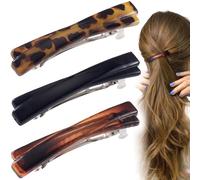 STSTR Lot de 3 barrettes françaises pour femme, 6,3 cm, petites pinces à cheveux en écaille de tortue, incurvées et brillantes pour femmes (noir, léopard, ambre)
