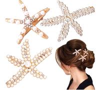 STSTR Lot de 3 pinces à cheveux en forme d'étoile de mer, 3 styles d'épingles à cheveux en strass et perles brillantes, bijoux de plage pour femme, coiffures de mariage, fêtes - Doré
