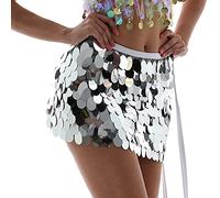 Sttiafay Jupe de danse du ventre au-dessus du genou à paillettes sirène pour femme, Argenté., Taille unique