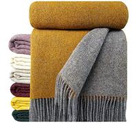 STTS International Couverture 100 % laine vierge. Divers coloris 140 x 200 cm couvre-lit en laine vierge plaid laine à carreaux Tyrol (gris-moutarde (double face), 140 x 200 cm)