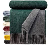 STTS International Couverture 100 % laine vierge. Divers coloris 140 x 200 cm couvre-lit en laine vierge plaid laine à carreaux Tyrol (gris-vert (double face), 140 x 200 cm)