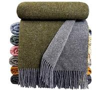 STTS International Plaid 100 % laine vierge - Disponible en différentes couleurs - Plaid en laine vierge - Tirol (gris clair/olive, 140 x 200 cm)