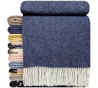 STTS International Plaid en cachemire - 100 % laine mérinos - Cachemire - Mix - 140 x 200 cm - Plaid très doux - Faro (bleu foncé)