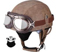 STTTBD Casque de Moto rétro en Cuir, Style Allemand, pour Scooter, Cruiser, Chopper, Anti-Collision, Protection auditive Amovible avec visière, certifié Dot/ECE F,L=59-60CM