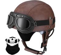 STTTBD Casque Demi-Coque en Cuir Vintage, Casque Moto rétro avec Lunettes, Boucle à dégagement Rapide, homologué Dot/ECE, Casque Jet Demi-Coque pour Adulte, Casque croisière, Scooter N,S=55-56cm