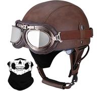 STTTBD Casque Demi-Coque en Cuir Vintage, Casque Moto rétro avec Lunettes, Boucle à dégagement Rapide, homologué Dot/ECE, Casque Jet Demi-Coque pour Adulte, Casque croisière, Scooter M,S=55-56cm