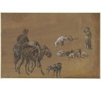 Studienblatt; Ein Reiter mit einem bepackten Maultier rechts eine stehende Frau dazwischen Gruppen von Hunden Poster imprimé par Johann Georg Wagner (24 x 36)