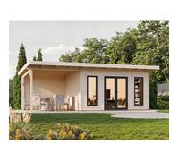 Studio de jardin en bois avec pergola Aurelia - PALMAKO - Ep.44 mm - 749x300 - 21,7 m² - Double vitrage trempé
