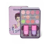 STUDIO MAGIQUE Spécial Secret Coffret de maquillage et d'ongles - 2 vernis + 12 ombres à paupières - Boîte rétro incluse