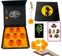 STUDIOJRH Ensemble de 7 Boules de Dragon (1 à 7 Étoiles) avec Boîte Cadeau, Porte-clés, Autocollants et Carte d'Invocation de Shenlong - Idéal pour Les Collectionneurs avec des sphères de 4,3 cm