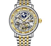 Stührling 3922 Montre automatique originale pour homme avec cadran analogique et double fuseau horaire Motif soleil lune AM/PM Bracelet en acier inoxydable, Or jaune/argenté, Montre squelette
