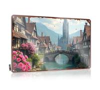Stuff For Boys Room - Charmant village médiéval avec jardin de roses et pont en pierre - Plaque en étain - Décoration de porte de chambre à coucher (20 x 30 cm)