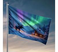 Stuff For Your Room A Moose Standing In Front Of A Cozy Cabin Under The Northern Lights Flag Fall Decor Outdoor Flags For Room Girls (60 x 90 cm)
