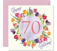 Stuff4 Belles cartes d'anniversaire 70 ans pour femme - Bouquet de tulipes aquarelles - Carte d'anniversaire pour elle, grand-mère, grand-mère, grand-mère, cadeau d'anniversaire, 145 mm x 145 mm