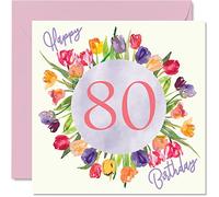 Stuff4 Belles cartes d'anniversaire 80 ans pour femme - Bouquet de tulipes aquarelles - Carte d'anniversaire pour elle, grand-mère