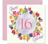 Stuff4 Belles cartes d'anniversaire pour 16e anniversaire pour femme - Bouquet de tulipes aquarelles - Carte d'anniversaire pour elle, fille, petite-fille, sœur, cadeau d'anniversaire 145 mm x 145 mm