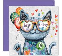 Carte d’anniversaire fille 6 ans - Chat coloré avec lunettes de soleil et confettis - Carte d’anniversaire humoristique carrée avec enveloppe et message intérieur - Qualité supérieure 145mm