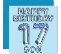 Stuff4 Carte d'anniversaire 17 ans pour fils - Ballons bleus à paillettes - Cartes d'anniversaire pour fils de 17 ans de la part de maman et papa, cartes de vœux d'anniversaire de 145 mm