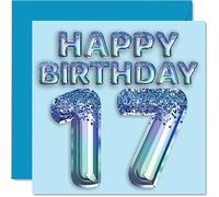 Stuff4 Carte d'anniversaire 17e anniversaire garçons - Ballon de fête bleu à paillettes - Cartes d'anniversaire garçon de 17 ans,petit-fils,frère,neveu,145 mm x 145 mm,cartes de vœux pour