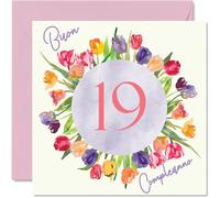 Stuff4 Carte d'anniversaire 19e pour femme - Bouquet de fleurs de tulipes aquarelle - Cartes de joyeux 19e anniversaire pour femme de 19 ans, fille, sœur, tante, cousine, 145 mm