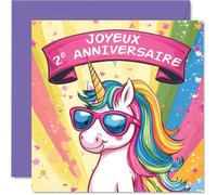 Stuff4 Carte d'Anniversaire 2 ans - Licorne avec Lunettes de Soleil - Carte de Vœux Fille - Design Mignon Arc-en-ciel Pastel 145mm x 145mm