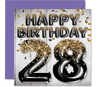 Carte d'anniversaire 28 ans pour homme - Ballons à paillettes noirs et dorés - Cartes d'anniversaire pour homme de 28 ans fils frère oncle cousin