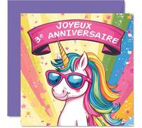 Stuff4 Carte d'Anniversaire 3 ans - Licorne avec Lunettes de Soleil - Carte de Vœux Fille - Design Mignon Arc-en-ciel Pastel 145mm x 145mm