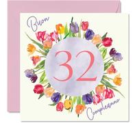 Stuff4 Carte d'anniversaire 32e pour femme - Bouquet de fleurs de tulipes aquarelle - Cartes de joyeux 32e anniversaire pour femme de 32 ans, fille, sœur, tante, 145 mm, trente-deuxième anniversaire