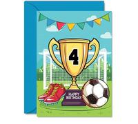 Stuff4 Carte d'anniversaire 4 ans pour garçon - Trophée des champions - Carte d'anniversaire de football pour garçon de 4 ans, cartes de vœux A5 Footy