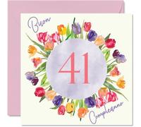 Stuff4 Carte d'anniversaire 41e pour femme - Bouquet de fleurs de tulipes aquarelle - Cartes de joyeux 41e anniversaire pour femme de 41 ans, fille, sœur, tante, 145 mm, 41e anniversaire