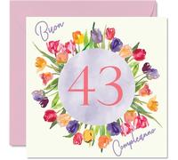 Stuff4 Carte d'anniversaire 43e pour femme - Bouquet de fleurs de tulipes aquarelle - Cartes de joyeux 43e anniversaire pour femme de 43 ans, fille, sœur, tante, 145 mm, 43e anniversaire