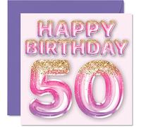 Stuff4 Carte d'anniversaire 50 ans pour femme - Ballons pailletés roses et violets - Cartes d'anniversaire pour femme de 50 ans, maman, grand-mère, grand-mère, grand-mère, tante, 145 mm x 145 mm