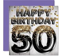 Stuff4 Carte d'anniversaire 50 ans pour homme - Ballons noirs et dorés à paillettes - Cartes d'anniversaire pour homme de 50 ans, papa, grand-père, grand-père, grand-père, oncle, 145 mm
