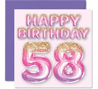 Stuff4 Carte d'anniversaire 58 ans pour femme - Ballons à paillettes roses et violets - Cartes d'anniversaire pour femme de 58 ans, maman, grand-mère, grand-mère, grand-mère, tante, 145 mm x 145 mm