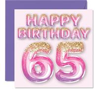 Carte d'anniversaire 65 ans pour femme - Ballons pailletés roses et violets - Cartes d'anniversaire pour femme de 65 ans