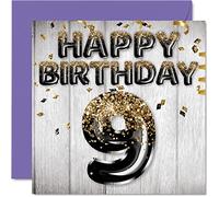Stuff4 Carte d'anniversaire 9 ans pour garçons - Ballons à paillettes noirs et dorés - Cartes d'anniversaire pour garçon de 9 ans, fils, frère, petit-fils, cousin, 145 mm x 145 mm