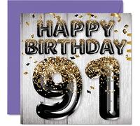Stuff4 Carte d'anniversaire 91 ans pour homme - Ballons à paillettes noirs et dorés - Cartes d'anniversaire pour homme de 91 ans, papa, grand-père, grand-père, grand-père, grand-mère, 145 mm x 145 mm
