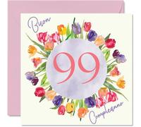Stuff4 Carte d'anniversaire 99e femme - Bouquet fleurs tulipes aquarelle - Cartes joyeux anniversaire femme 99 ans, arrière-145 mm, quatre-vingt-dix-neuf quatre-vingt-dix-neuvième anniversaire