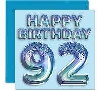 Carte d'anniversaire de 92e anniversaire pour homme - Ballon de fête bleu à paillettes - Cartes d'anniversaire pour homme de 92 ans arrière-grand-père grand-père